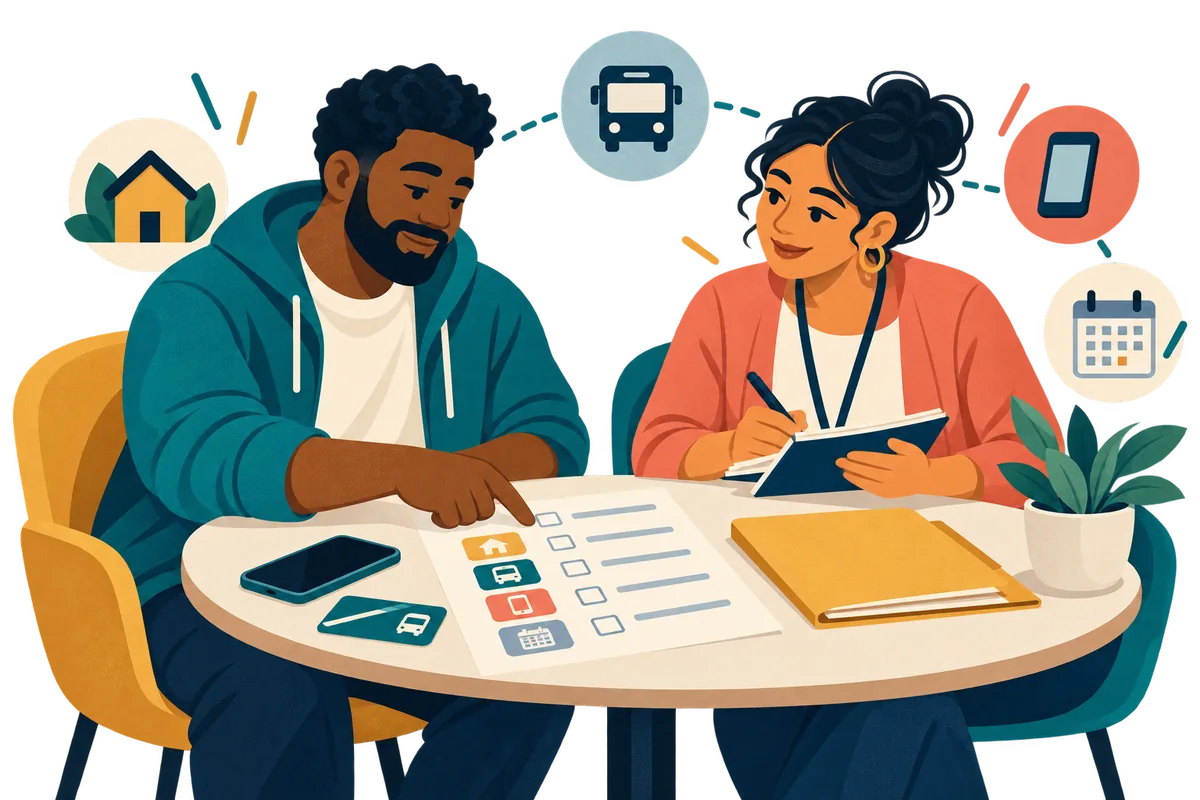 A participant and staff member build a housing plan together, considering housing, transportation, communication, and next steps.