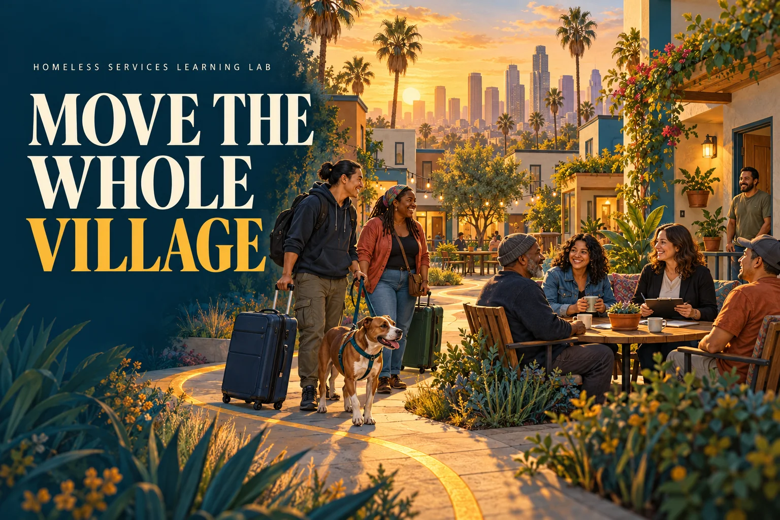 Move the Whole Village: a community of friends and neighbors welcomed into a housing courtyard.